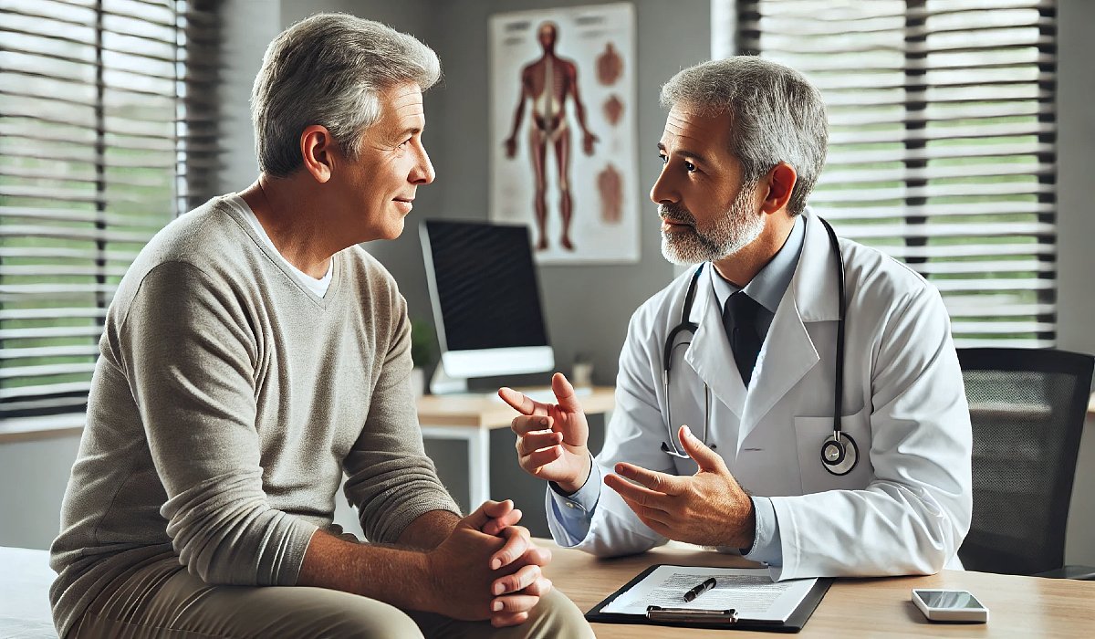 A man in discussion with his doctor about the causes of erectile dysfunction