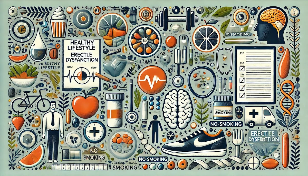 Visuele weergave van de strijd tegen erectiestoornissen met behulp van symbolen voor een gezonde levensstijl, zoals fruit, groenten, beweging en medische symbolen.