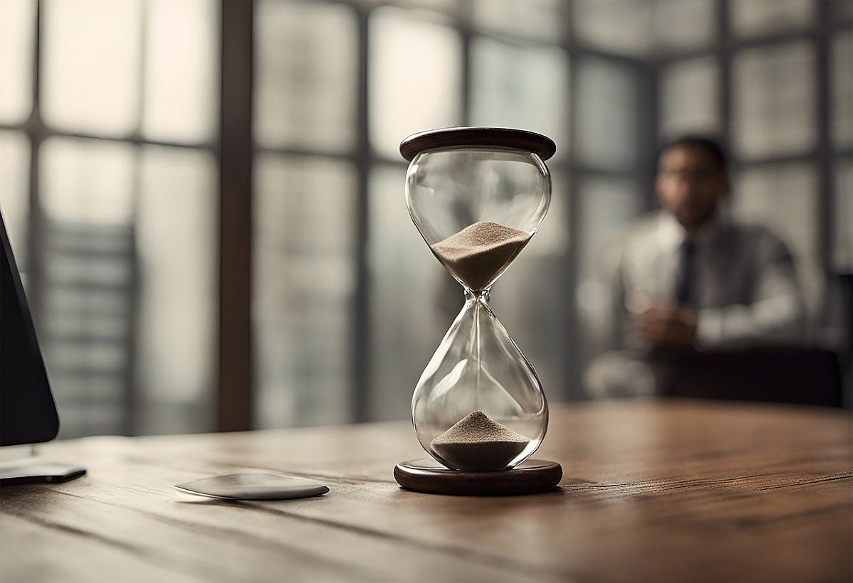 A man looking at an hourglass from a distance