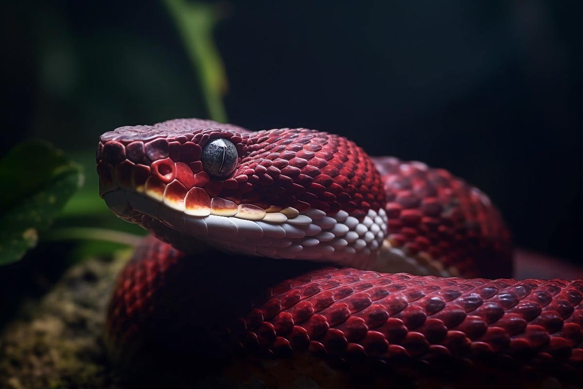 Uma cobra vermelha na selva olha para a objetiva da câmara